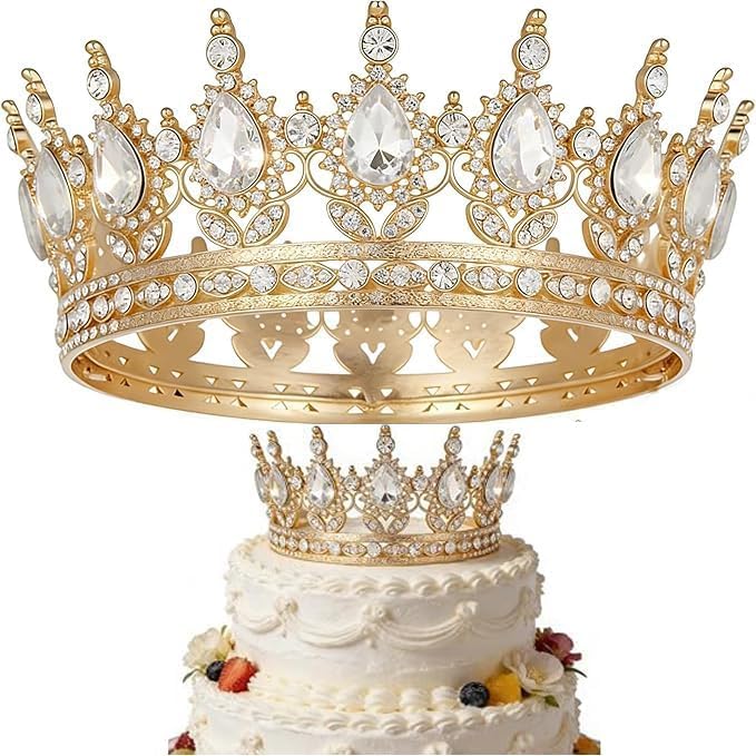 Crown Cake Topper Gold Crown for Wedding and Birthday Celebrations Princess Party Accessory with Golden Finish and White Crystals Decorative Headpiece for Special Occasions