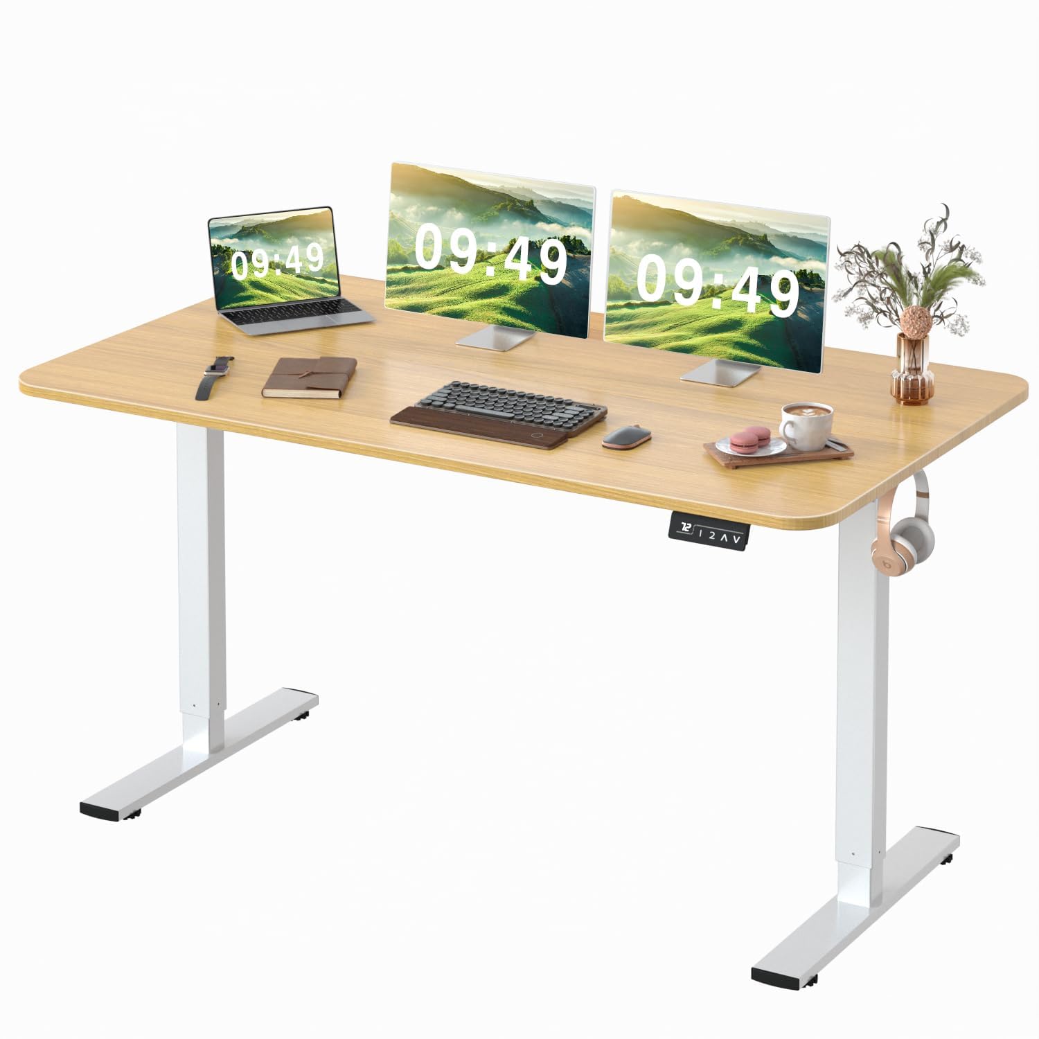 Furmax Electric Height Adjustable Standing Desk Large 55 x 24 Inches Sit Stand up Desk Home Office Computer Desk Memory Preset with T-Shaped Metal Bracket, Light WoodThe Forest Stewardship Council