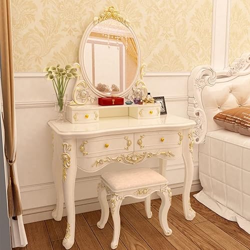 Miniatura 5 de KWOKING Escritorio de maquillaje victoriano, juego de tocador de maquillaje blanco con cajones, tocador con espejo iluminado LED regulable, mesa de