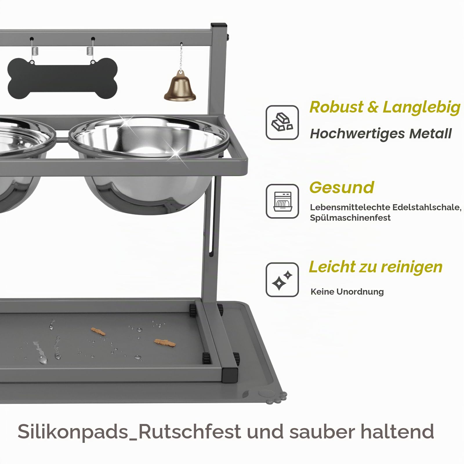 Grauer erhöhter Hundenapfständer mit zwei 1700 ml Edelstahl-Futternapf, einem langsamen Futterspender und Silikon-Haustier-Futtermatte, verstellbarer Hunde-Futterspender, erhöhte Hundenäpfe für große