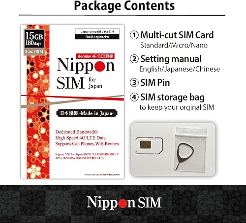Miniatura 7 de Nippon SIM Para Japón 180 días 15 GB 4G-LTE datos (sin vozSMS) tarjeta SIM 3 en 1 (red Docom) compatible con anclaje, soporte local de Japón, sin
