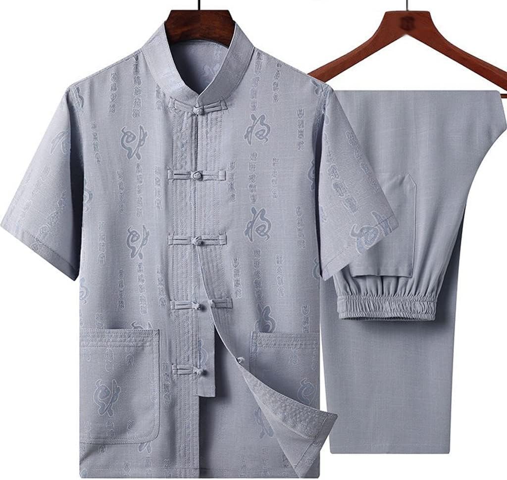 Classic Men Embroidery Wushu Clothing Vintage Short Sleeve Taichi Uniform Cotton Male Suit Causal