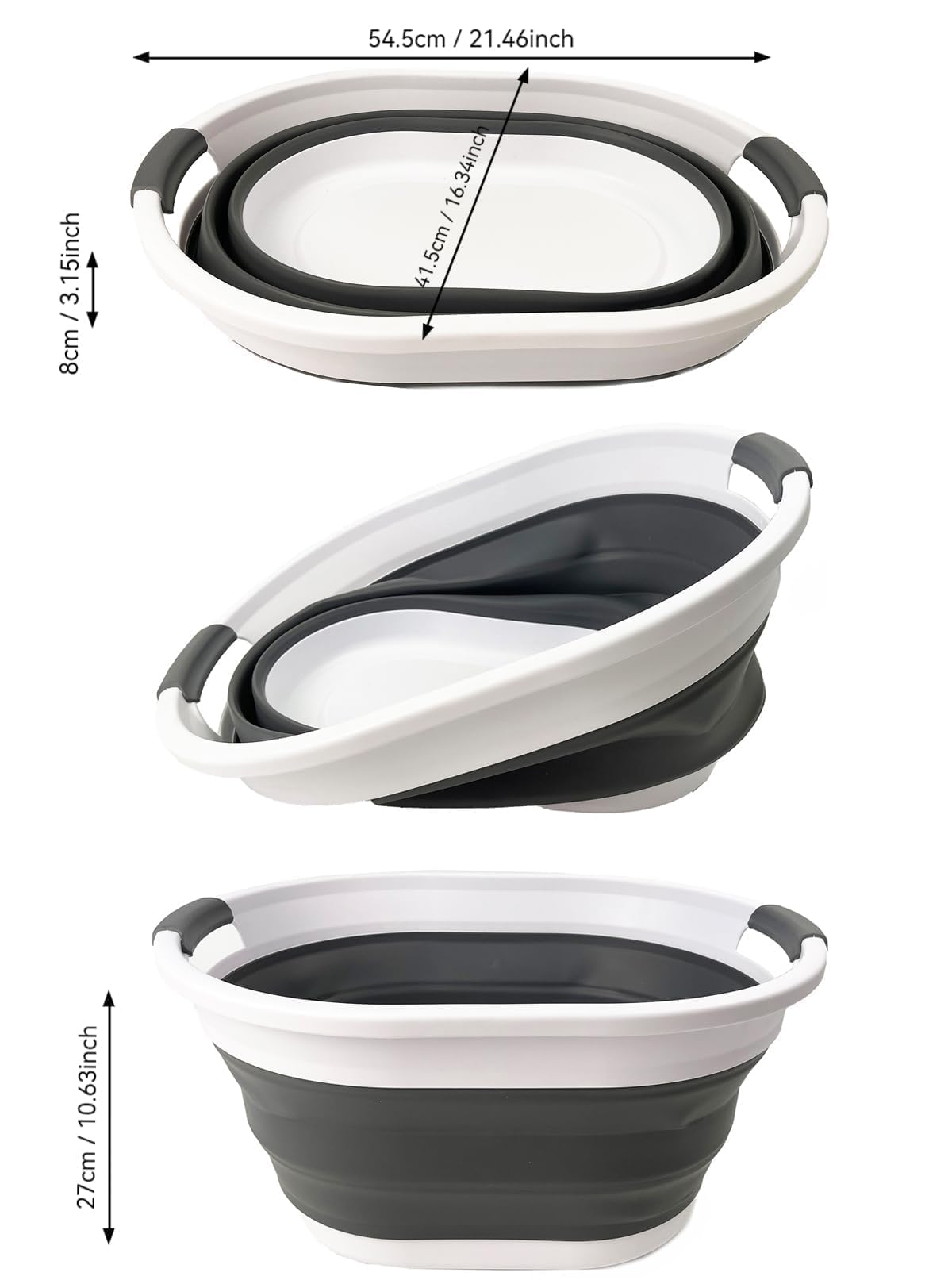 Cesta de lavandería ovalada de plástico plegable – Contenedor/organizador plegable – Tina de lavado portátil – Cesta de ahorro de espacio (blanco/gris acero, 32L) 7