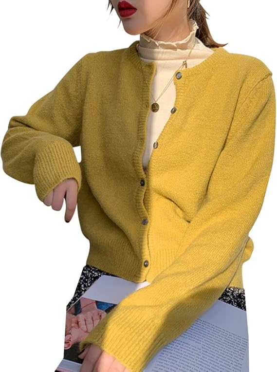 Amazon Teddy ニットカーディガン レディース 秋冬 ミディアム丈 中厚手 ゆったり Tops1330 イエロー ワンサイズ カーディガン ボレロ 通販