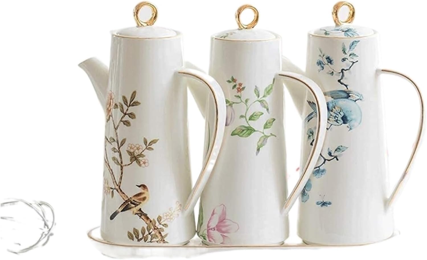 Oil and Vinegar Dispenser Japanese-Style Porcelain Olive Oil and Vinegar Dispenser Set,Ceramic Storage Container Condiment Jars with Tray Cooking