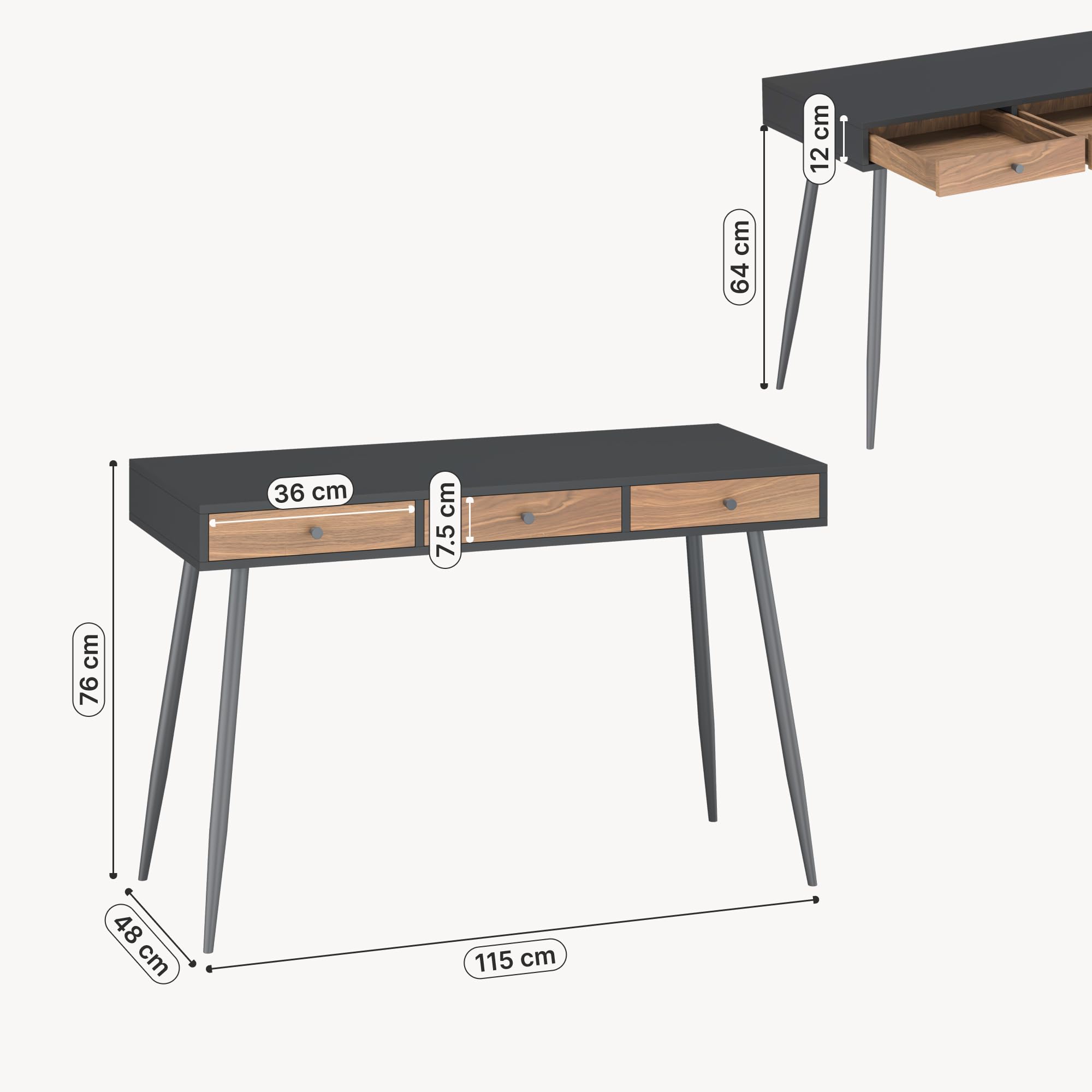 [en.casa] Bureau Tumba avec Grand Plateau Rectangulaire 3 Tiroirs Idéale pour Télétravail Table Design Moderne Intemporel Structure Stable 76 x 115 x 48 cm Noir Effet Noyer