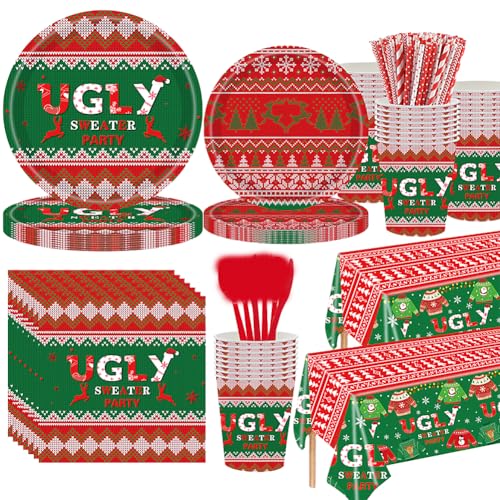 OPVXZAD 133 Piezas Vajilla De Fiesta De Navidad,Juego De Cubiertos Navidenos,Vajilla Decoración De Navidad,Ornamental De Fiesta De Navidad De Navidad Con Platos, Vasos, Mantel, Artículos De Vajilla