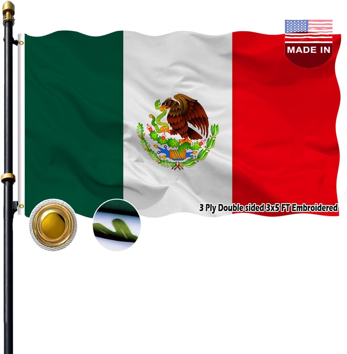 VOLTA 3x5ft Double Sided Embroidered Mexican State Flag - Heavy Duty 3-Ply Polyester Fade Resistant Outdoor/Indoor Flag with Brass Grommets and Reinforced Canvas Header (Authentic Mirror Image Design)