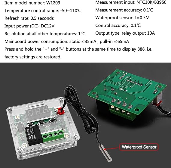 VooGenzek 2 Pieces W1209 Digital Temperature Controller with Case, 12V DC Micro Digital Thermostat -50-110°C Electronic Temperature Temp Control Module Switch with Waterproof NTC Probe (Red & Blue)