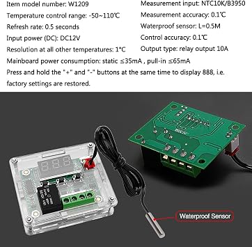 VooGenzek 2 Pieces W1209 Digital Temperature Controller with Case, 12V DC Micro Digital Thermostat -50-110°C Electronic Temperature Temp Control Module Switch with Waterproof NTC Probe (Red & Blue)