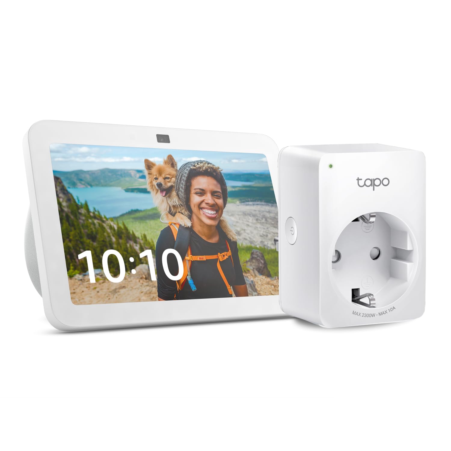 Echo Show 8 (3.ª generación) | Blanco + Tapo P100MA - Matter Mini Enchufe Inteligente, compatible con Alexa - Kit de inicio de Hogar digital