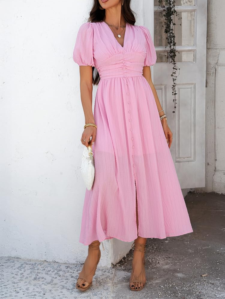 Image of Women Summer Casual Midi Dress Puff Sleeve V Neck Ruched Button Front Split Boho Beach Vacation Wedding Dresses 2026