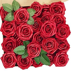 InnoGear Artificial Roses, 50 Pcs Dark Red Fake Roses with Stems Faux Artificial Flowers for Decoration DIY Wedding Bouquets Centerpieces Bridal Shower Party Flower Arrangements Christmas