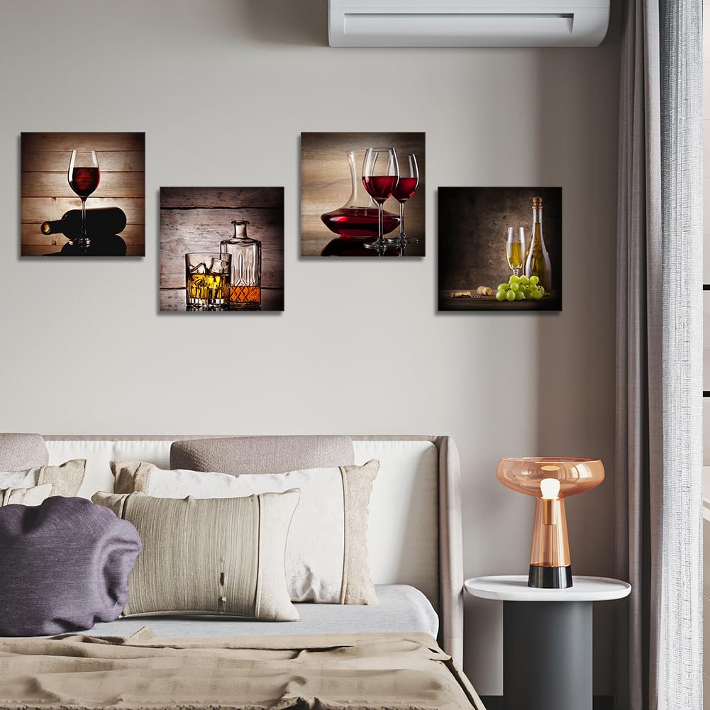 Artscope 4 parti Stampa su tela - Bicchiere da vino rosso, decorazione da parete per camera da letto, dipinti ad olio per casa, bagno, soggiorno, 30 x 30