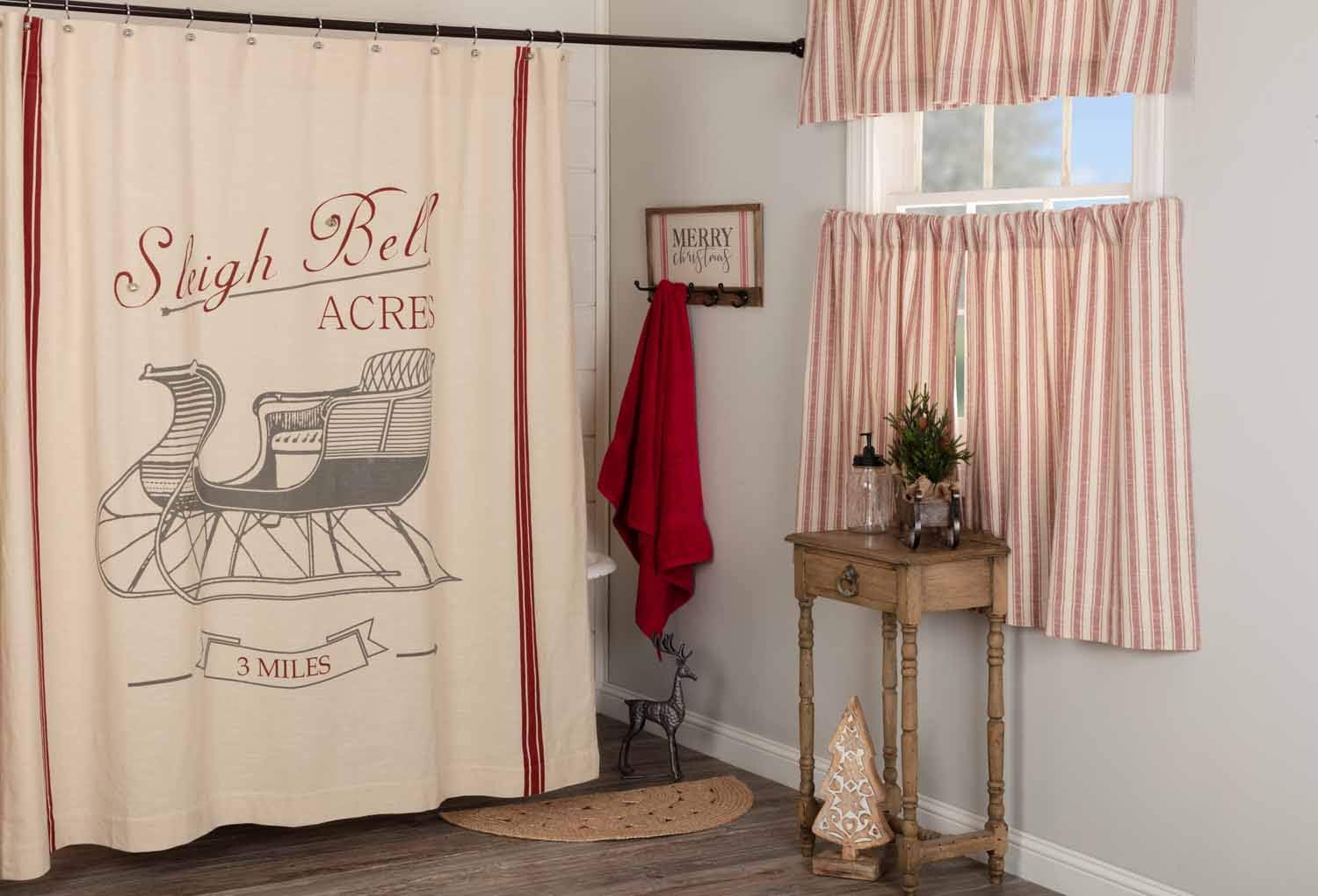 Piper Classics Sleigh Bells Ring Printed Shower Curtain, 72" x 72", Farmhouse Christmas Red & Cream w/Printed Sleigh and Bells, Country Holiday Décor