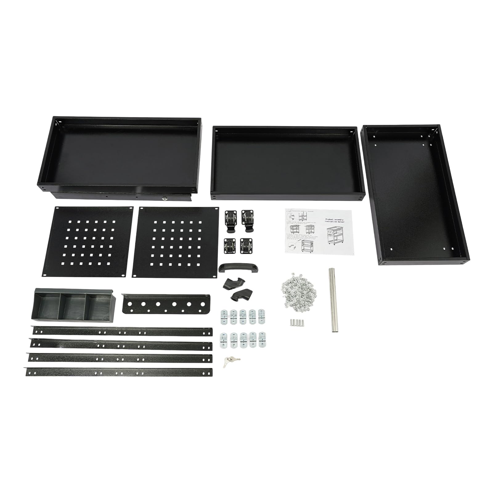 Carro de herramientas resistente, 3 niveles y 1 cajón con cerradura, agujero para colgar y caja de almacenamiento en el lateral, banco de trabajo con 4 ruedas (2 frenos), color negro