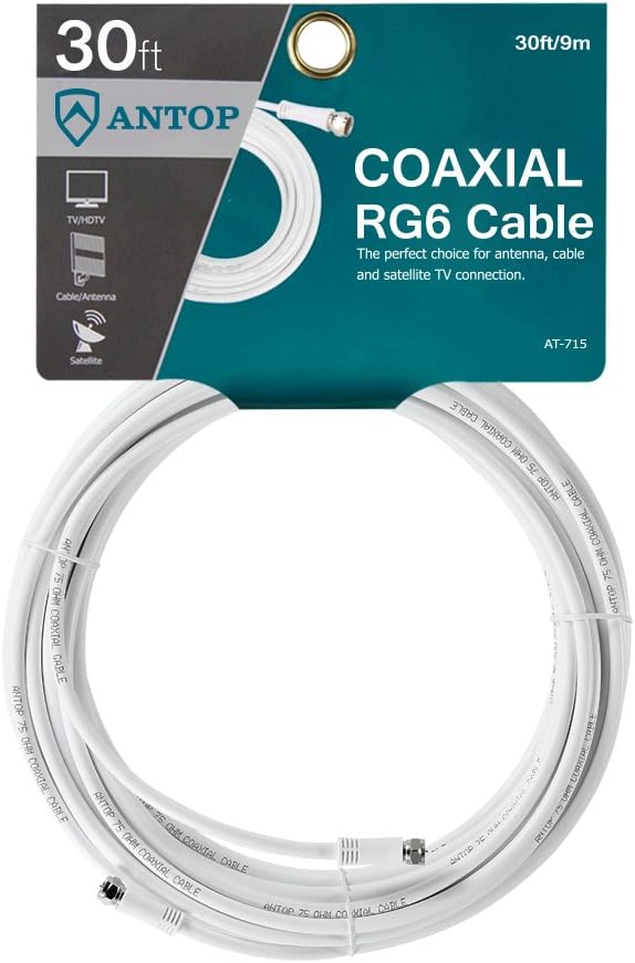 Antop 30ft RG6 Coaxial Cable, Digital TV Antenna Cable