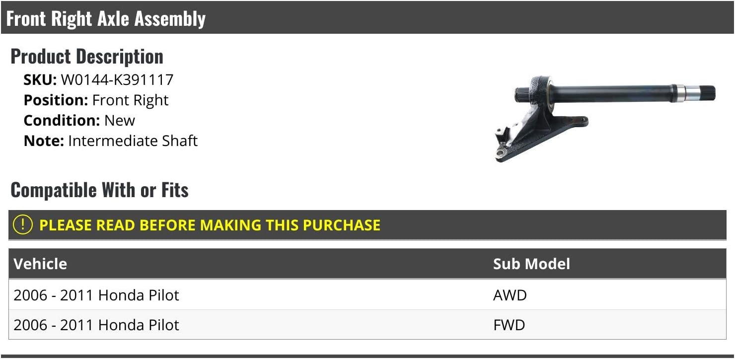 Marketplace Auto Parts Front Right Passenger Side Intermediate Shaft Axle Assembly - Compatible with 2006-2011 Honda Pilot
