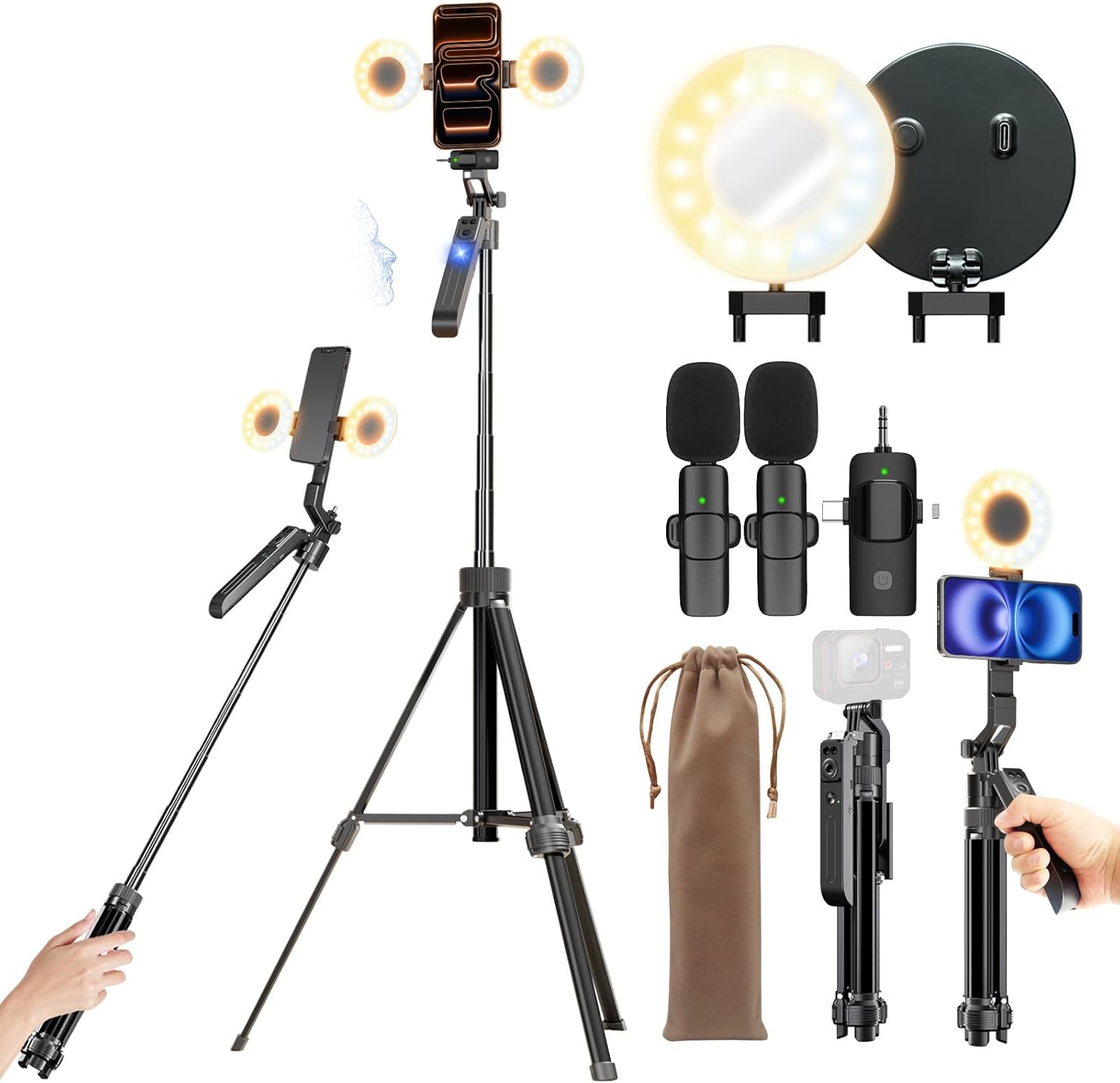 Auto Face Tracking Tripod 360 Rotation with Stand,YouTube Starter Kit Vlogging Kit for iPhone and Android Phone,Content Creator Essentials Kit with Dual Wireless Mics/Light/Remote