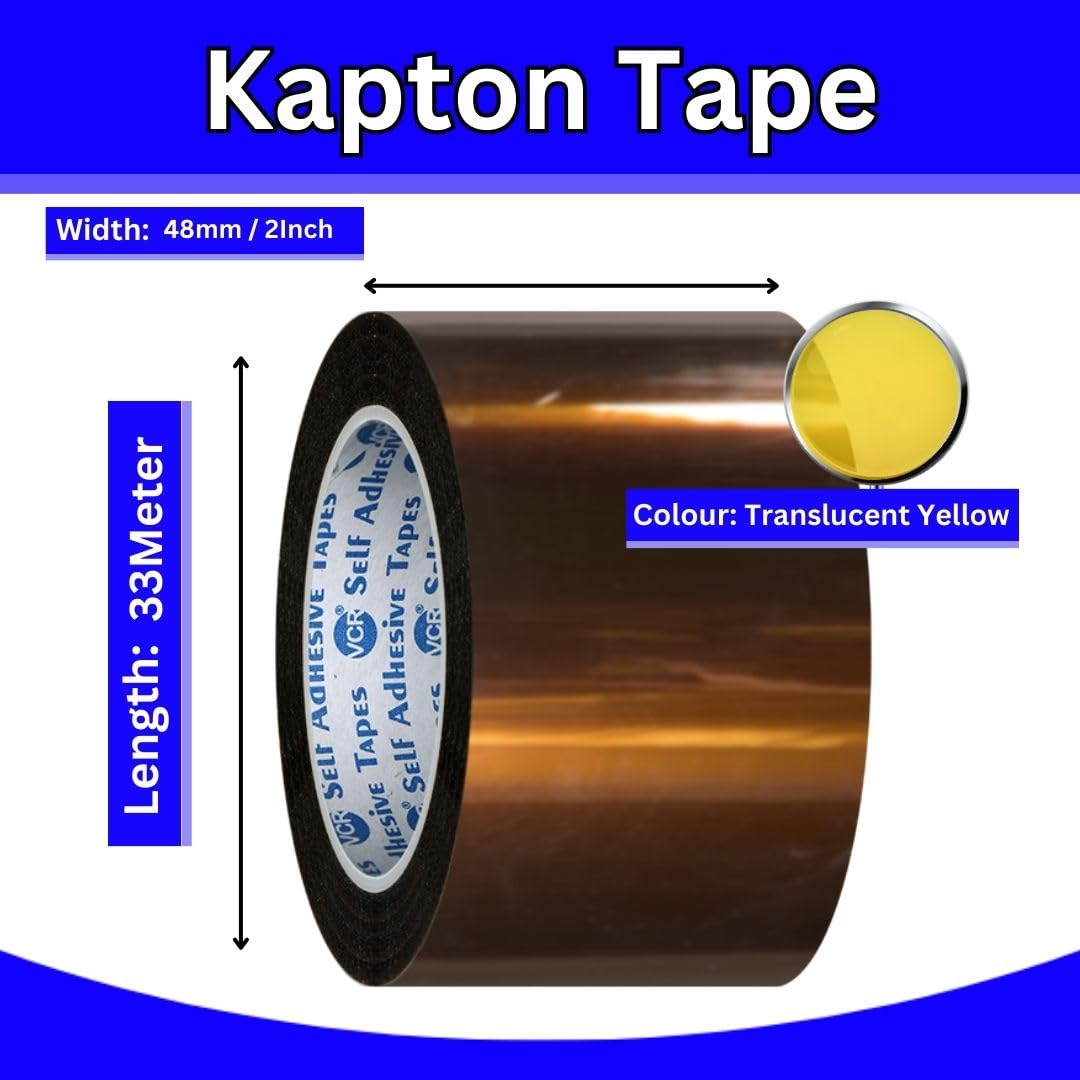 VCR kapton Tape 48mm / 02 inches Width - 33 Meters in Length - Amber Color - Pack of 1 Roll - Chemical Resistance, Suitable for Electronics Polyimide, 3D printers and High-Temperature. 3