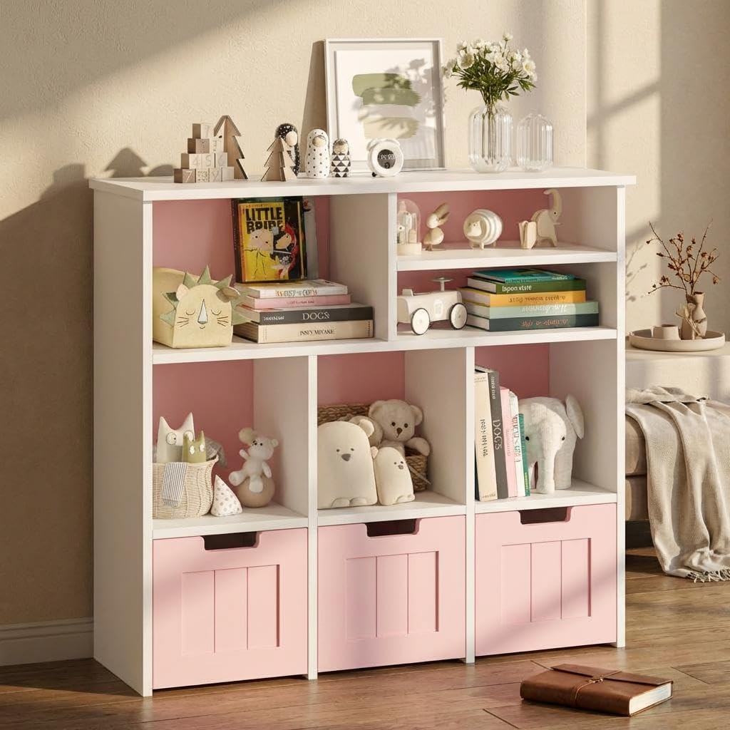 IDEALHOUSE Toy Storage, Pink 6-Cubby Bookshelf with 3 Movable Drawers, Hidden Wheels Toy Organizers and Storage for Kids, Freestanding Storage Cabinet with Large Top, Pink