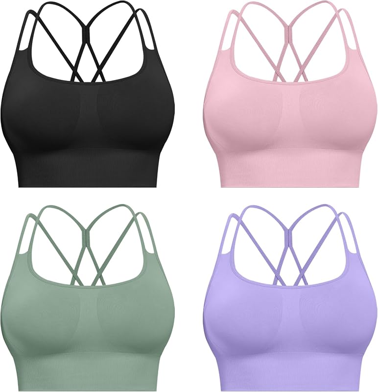 CHRLEISURE Sports Bras for Women, 4 Packs Padded High Support Workout Yoga Seamless Criss-Cross Racerback Bras