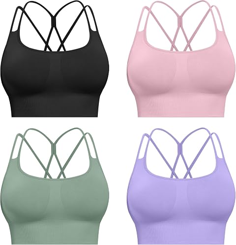 CHRLEISURE Sports Bras for Women, 4 Packs Padded High Support Workout Yoga Seamless Criss-Cross Racerback Bras