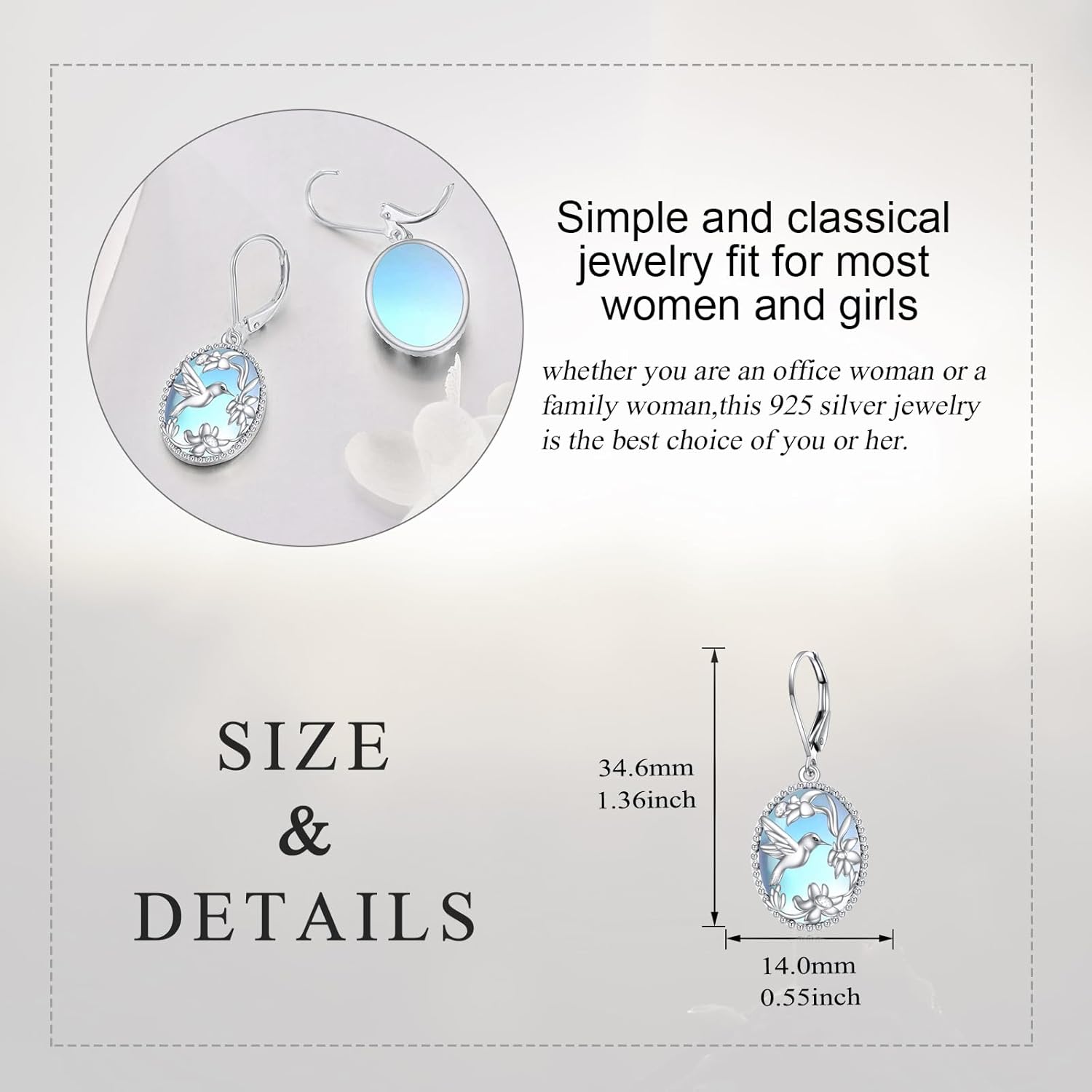 Hummingbird Earrings Sterling Silver Black Onyx Oval Hummingbird Dangle Leverback Earrings Gold Plated Flower Drop Earrings Jewelry Gifts for Women Girls - Image 5