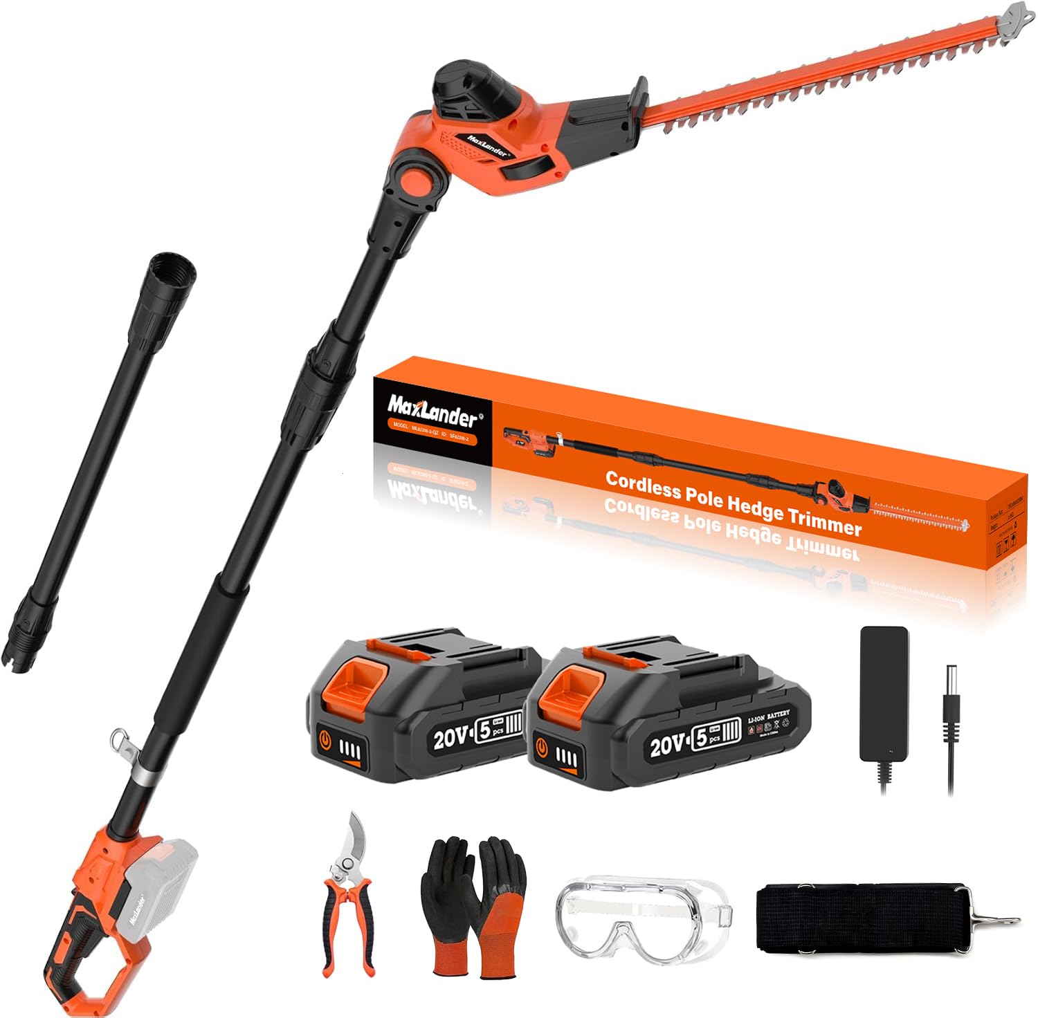 Hedge Trimmer 18-Inch Cordless Pole Hedge Trimmer, 16-Feet Max Reach Hedge Trimmer with Extension Pole, Multi-Angle Adjustable, 2 x 2.0Ah Battery and Charger Included