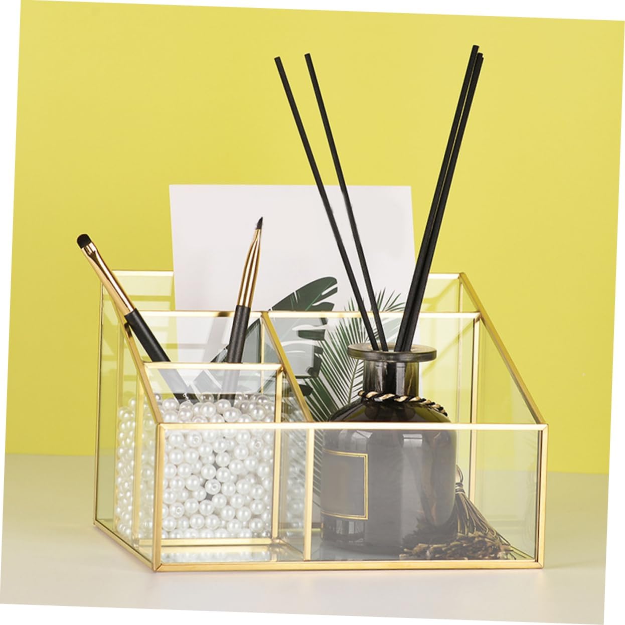 Makeup Organizer Glass Storage Box with Frame Cosmetic Display Case for Vanity Multi Functional Brush Holder for Bedroom Living and Office Use