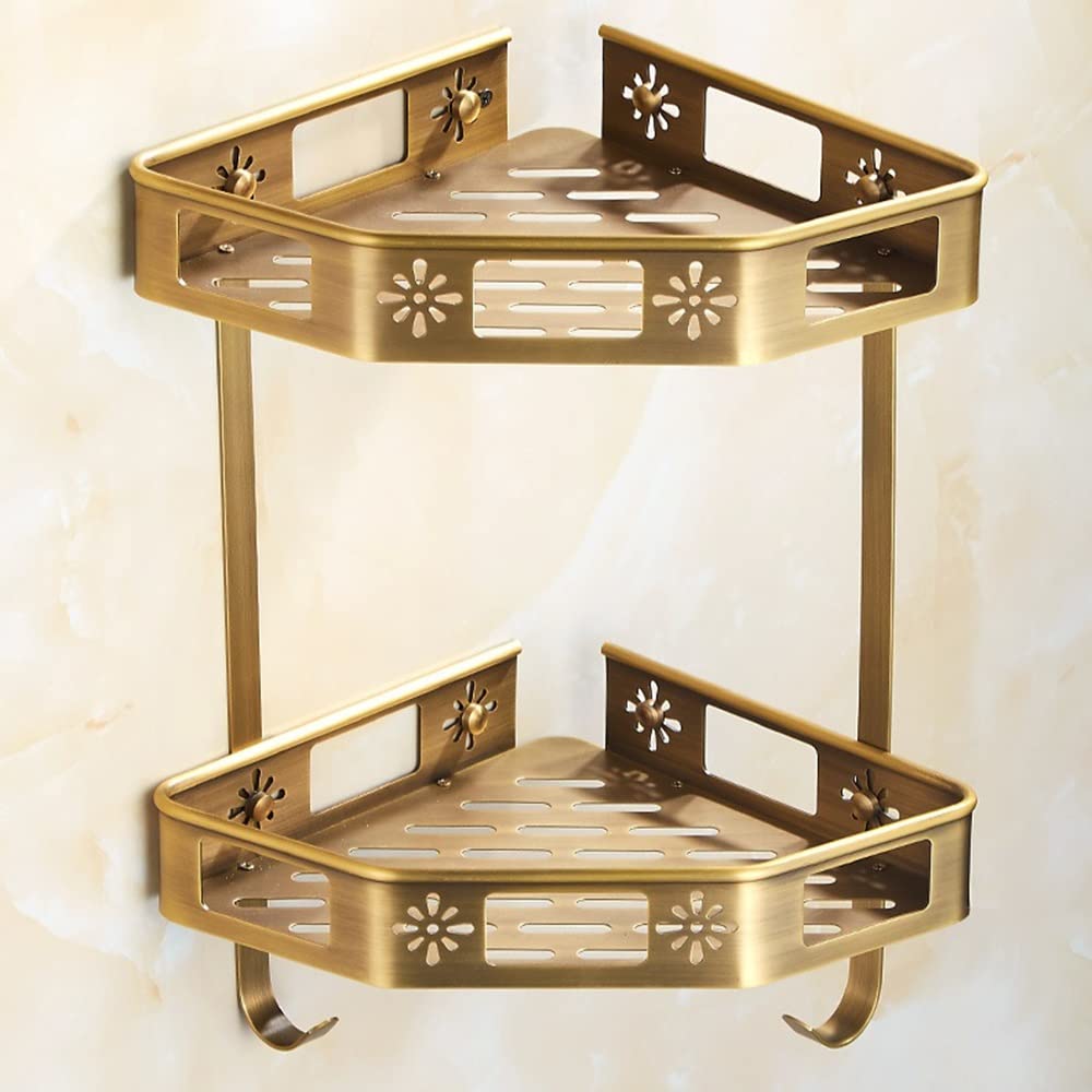 Corner Shower Caddy Bathroom Shelves Carved Total Brass Soap Dish Bath Shower Shelf Bath Shampoo Holder Basket Antique