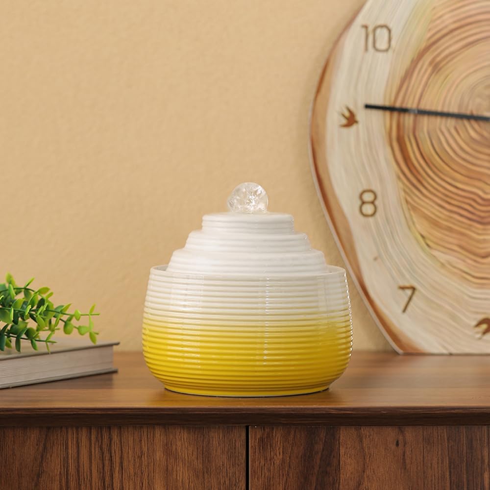 Indoor and Outdoor Fountain Water Feature Fall Ceramic Home Office Decoration mini Tabletop Desktop (Yellow with Ball S092)