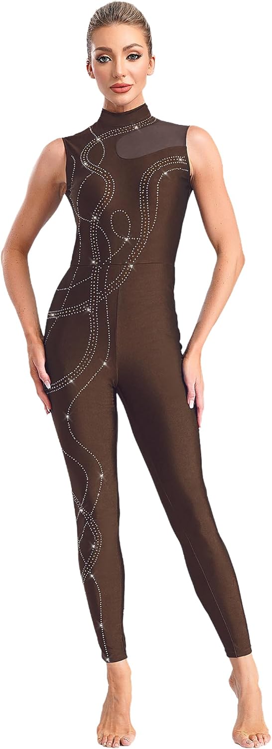 iEFiEL Women's Sparkle Figure Skating Jumpsuit Gymnastics Unitard One Piece Slim Fit Dance Bodysuits
