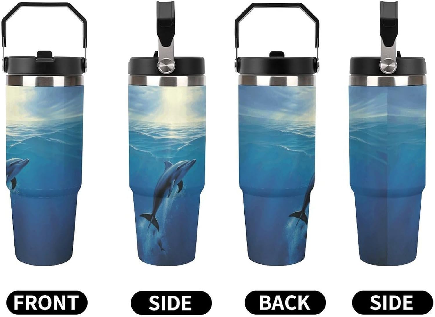 Dolphin in The Ocean Water Bottle 30 Oz Fits Car Cup Holder,Insulated Coffee Mug Large Capacity Car Cups,Stainless Steel Double Wall Sport Bottle for Travel Sports Gym