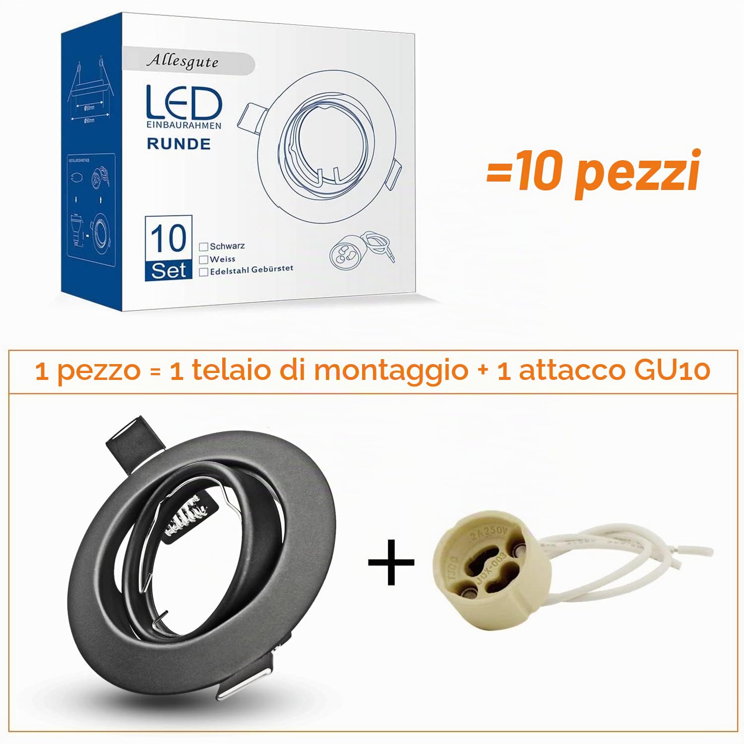 Allesgute 10er Set Faretti Da Incasso GU10 Cornice Da Incasso Nero Opaco Orientabile Rotonda 230V Diametro Foro 68mm Incl. Zoccolo GU10 Per Lampadina LED O Alogena
