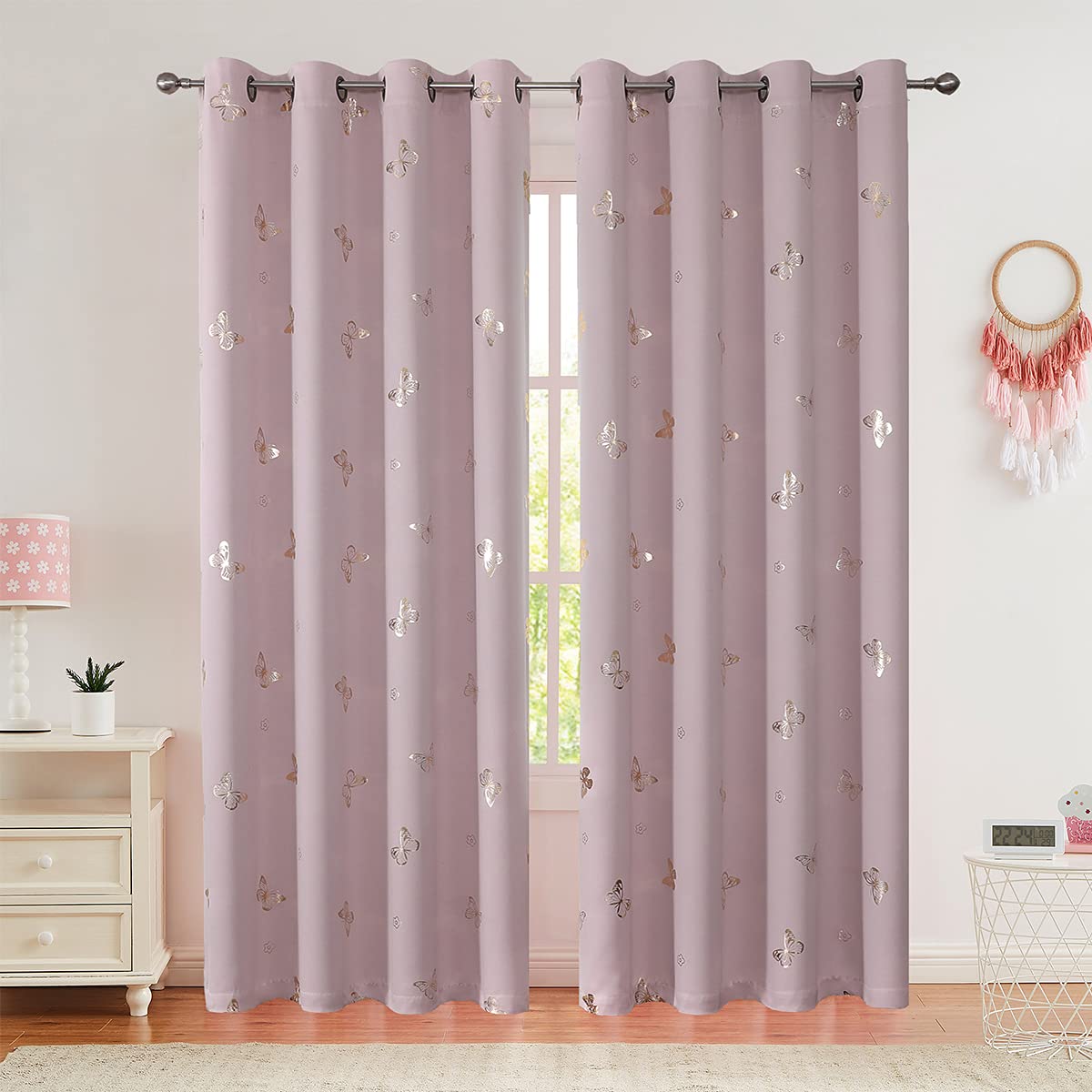 Jubilantex Blush Pink and Gold Butterfly Blackout Curtains 84" Length for Baby Girls Nursery Bedroom 80% Blackout Grommet Window Treatment,1 Pair