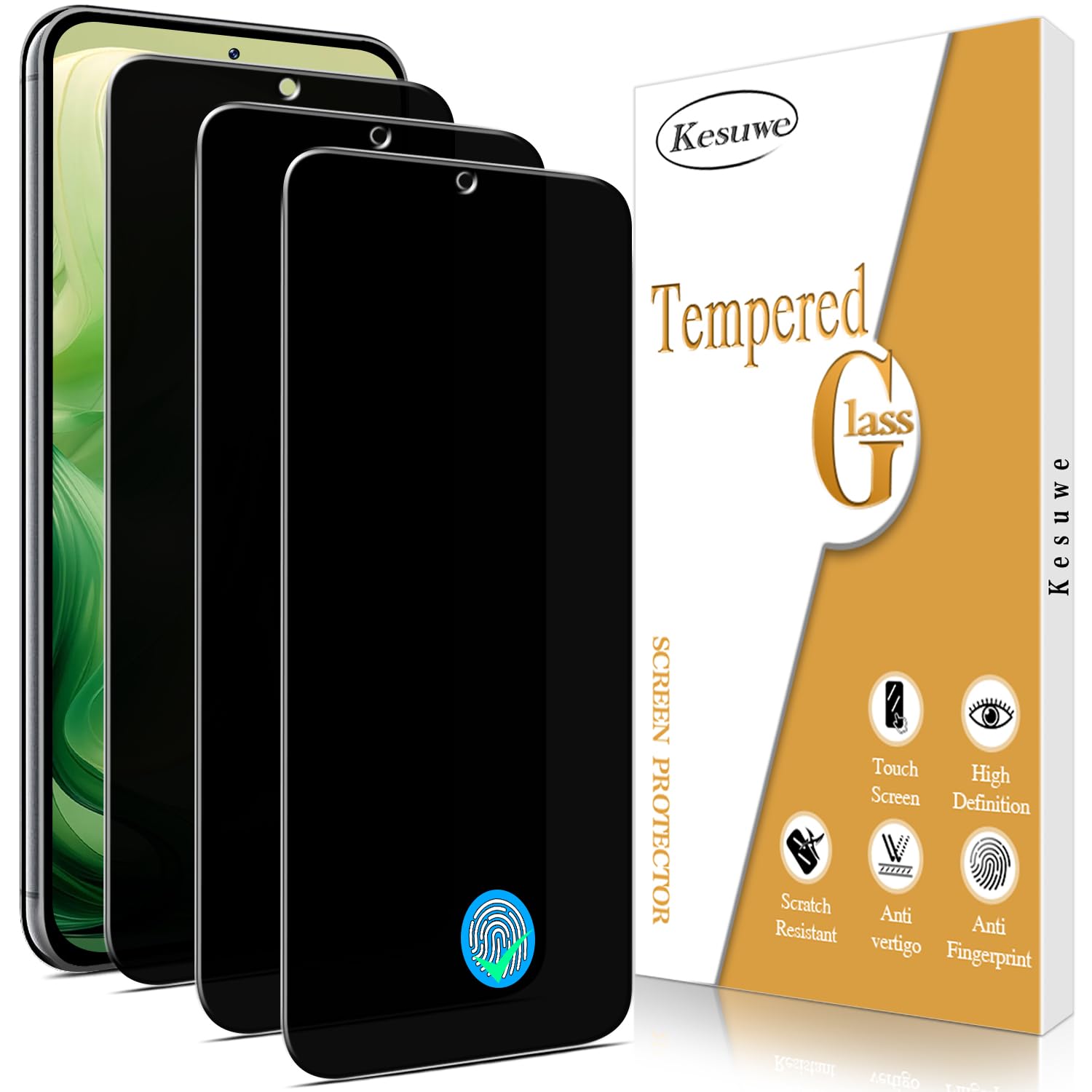 Kesuwe [3 Pack] Privacy Screen Protector for Samsung Galaxy S23 Plus, Fingerprint Unlock, Anti Spy, Anti Scratch, 9H Hardness, Ultra Resistant, Bubble