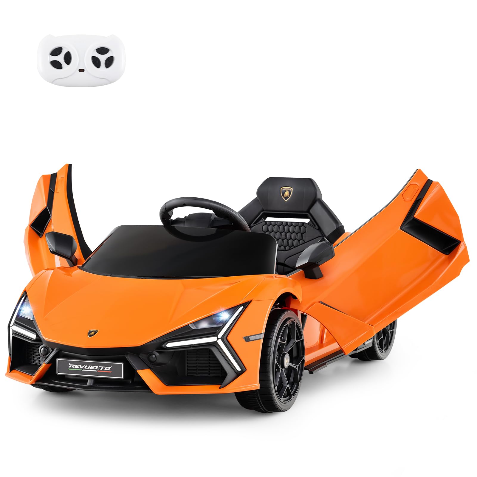 COSTWAY Samochód elektryczny dla dzieci Lamborghini Revuelto, elektryczny samochód dla dzieci 12 V z reflektorami LED, klaksonem i muzyką, 3-5 km/h, w zestawie pilot zdalnego sterowania (pomarańczowy)