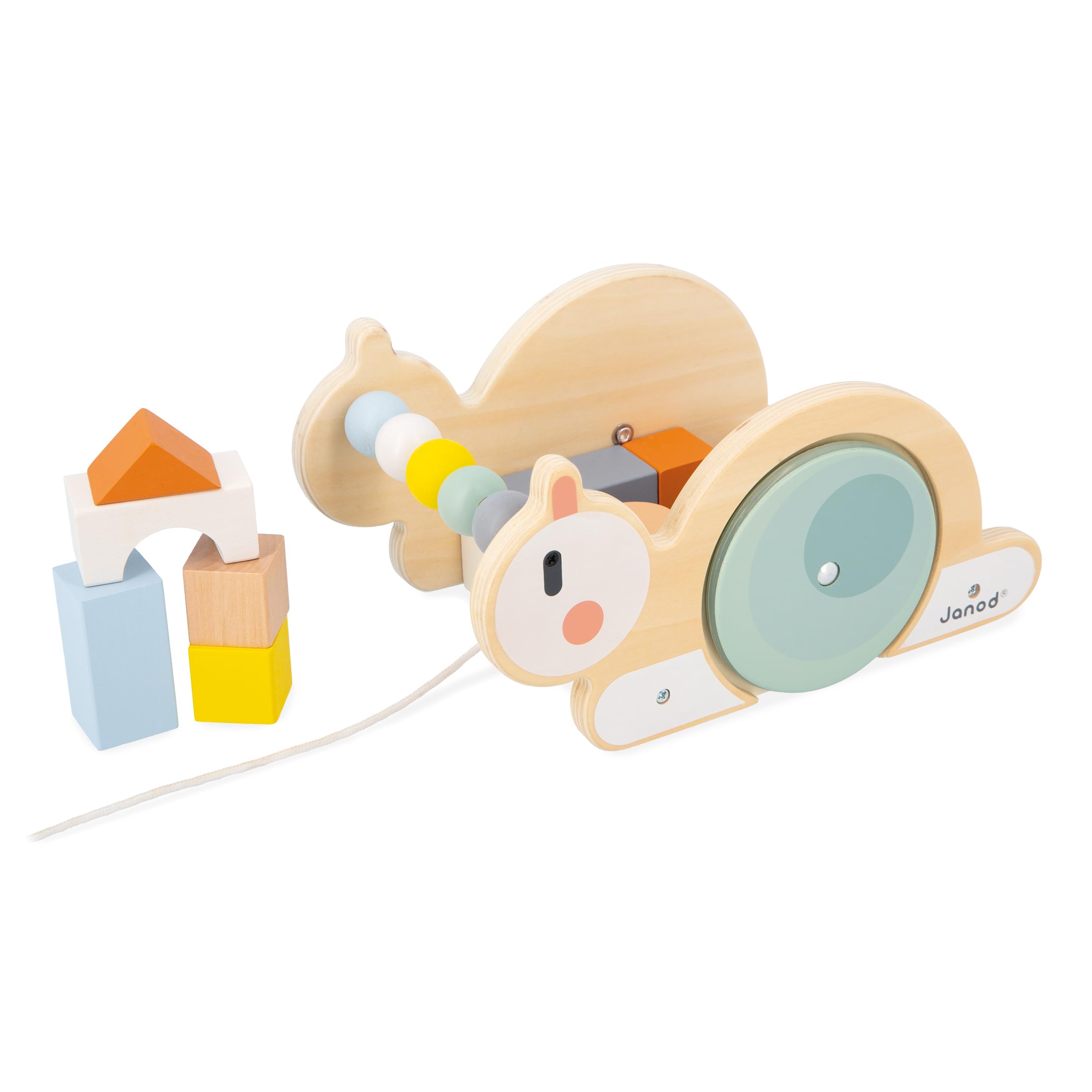Janod Sweet Cocoon - Wooden Pull-Along Snail Cube Trolley - 17 Piece Set - Ages 18 Months - 3 Years - J03354