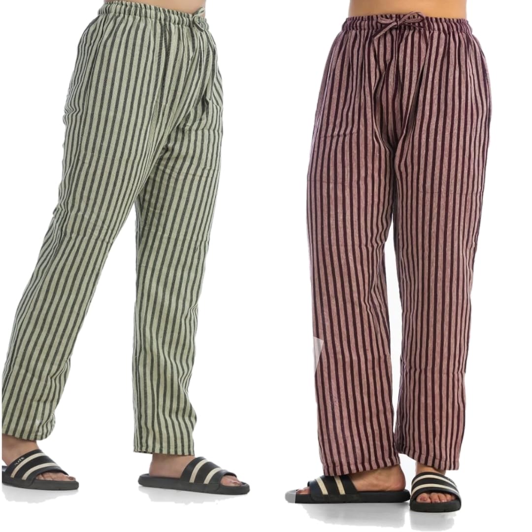 Pajama for women combo (pack of 2) loose fit daily use handloom pure cotton pjs (free size 28 to 34) pyjama palazzo pant high waist lounge sleep beach-image-22