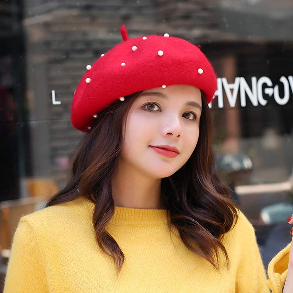 Ventewa Cashmere Swiss Winter Warm French Ski Cap Pearl Beret Hat Artist Lady Beanie Women (Red), Large - Image 2 thumbnail