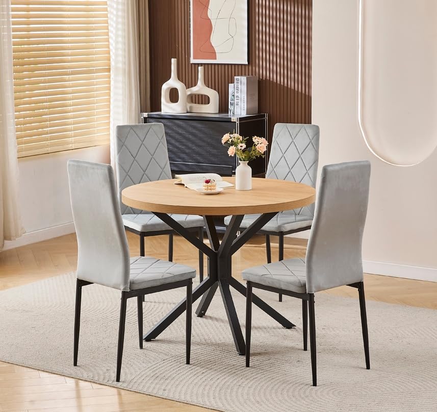 Pantanal 95cm Round Oak Wood Dining Table and Grey Velvet Chairs Set of 4, Modern 5 Pieces Compact Kitchen Table with 4 Elegant Argyle Grid Chairs for Dinette Restaurant Small Space โ image 1