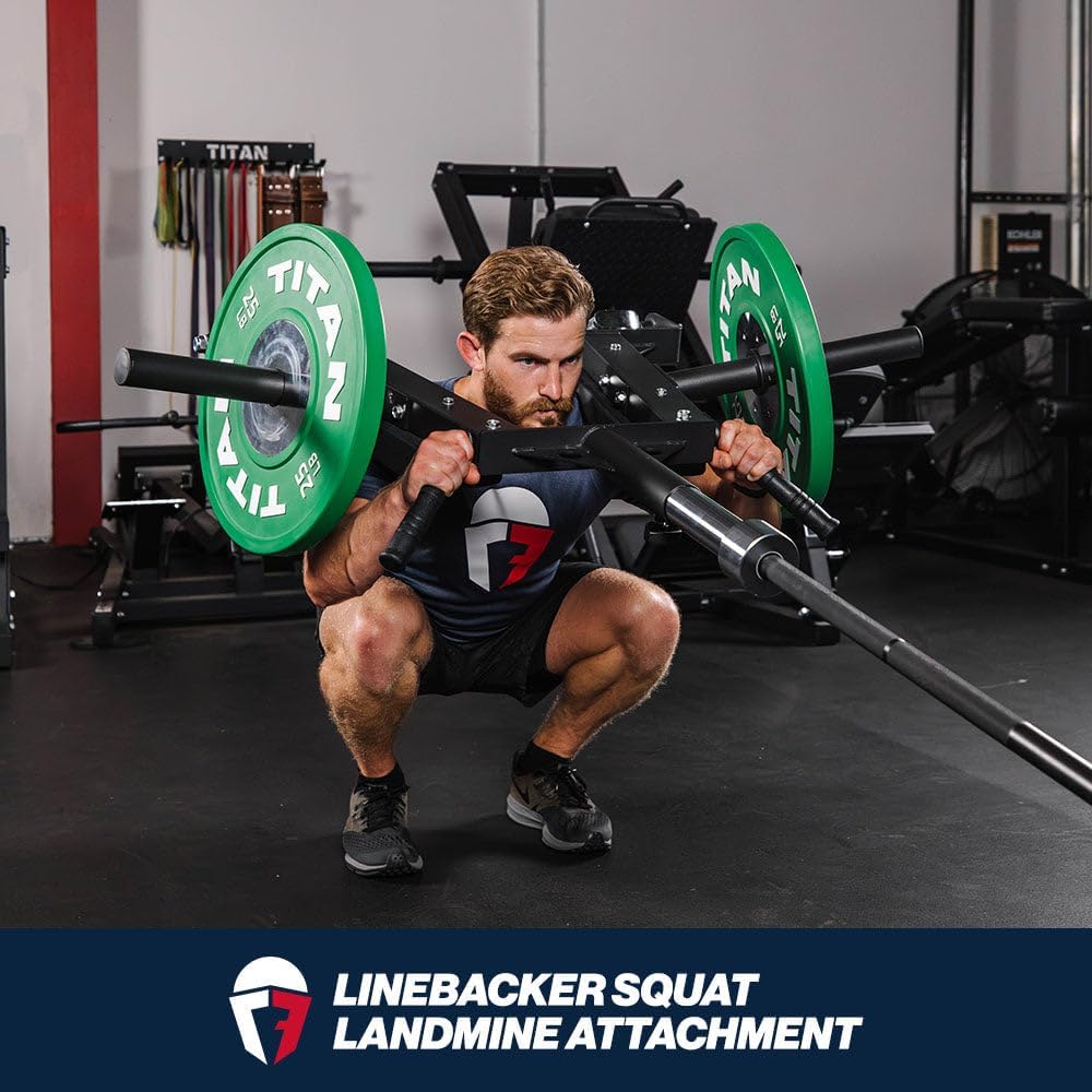 Titan Fitness Landmine Linebacker Squat and Viking Press Attachment, 650 LB Capacity, Fits Olympic Bars and Plates, Knurled Rotating Handles, Thick Narrow Shoulder Pads