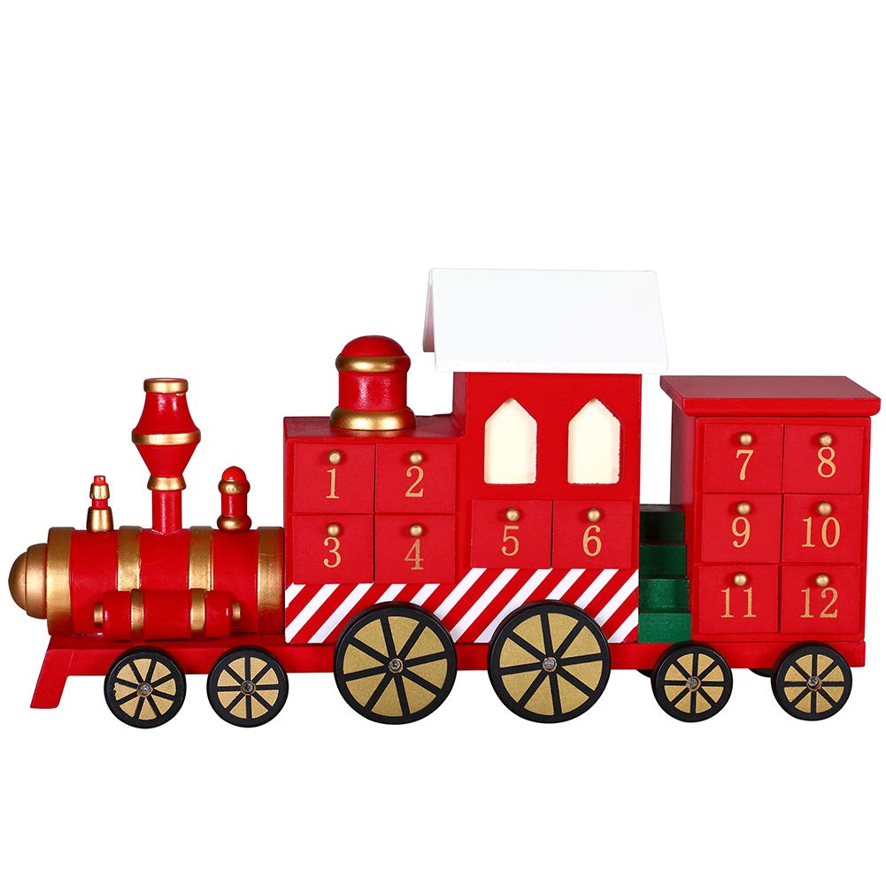 BAKAJI Calendrier de l'Avent de Noël en bois avec 24 tiroirs numérotés pour surprise, décorations de Noël, maison (train de Noël)