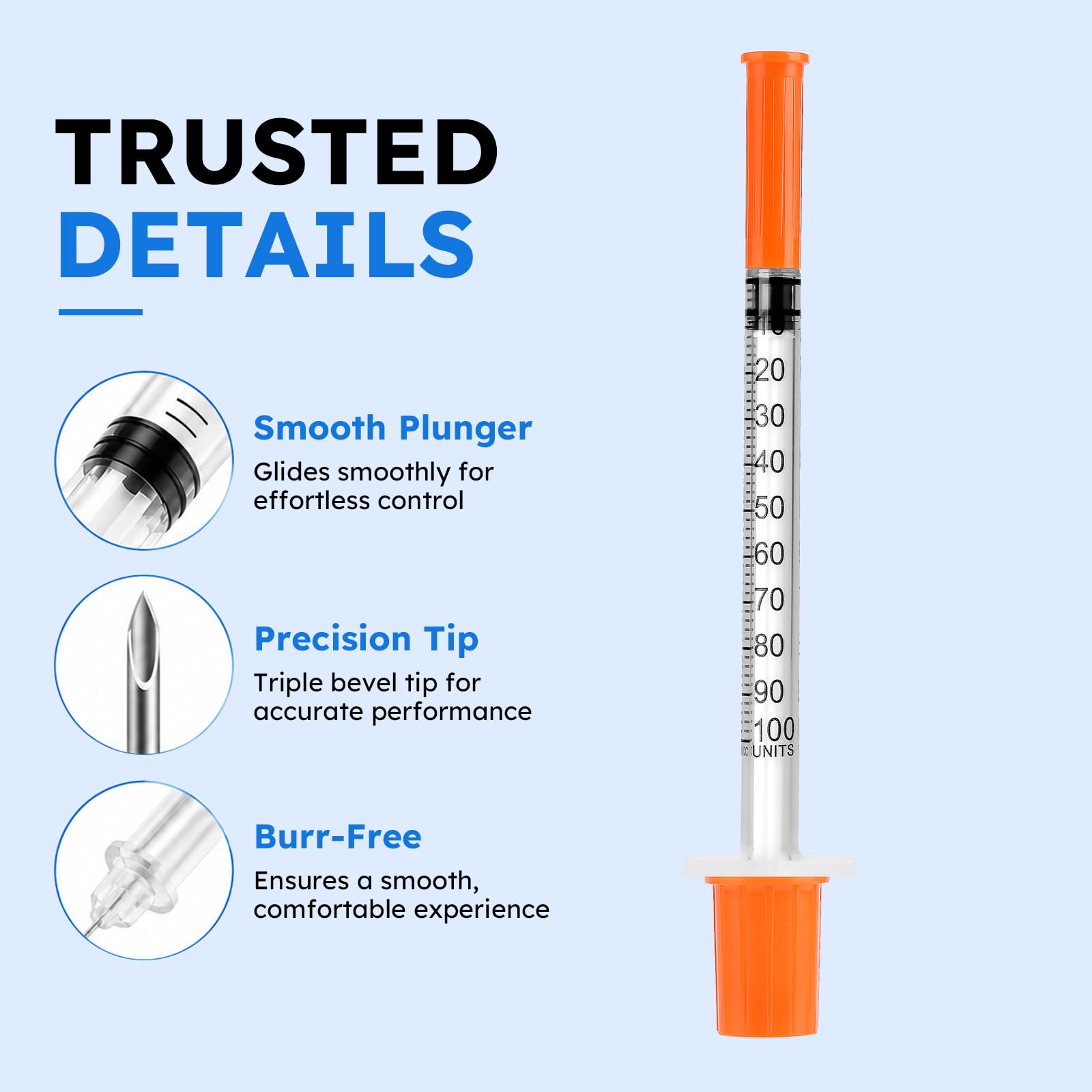 100 Pack U-100 30G 5/16" (8mm) 1 ml/cc Syringes, Orange Cap, 100/box — Amazon image 4