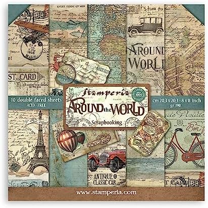 STAMPERIA Around The World-Bloc de Papel (10 Hojas, 20,3 x 20,3 cm, Doble Cara), Multicolor, 20.3 x 20.3 (8" x 8")