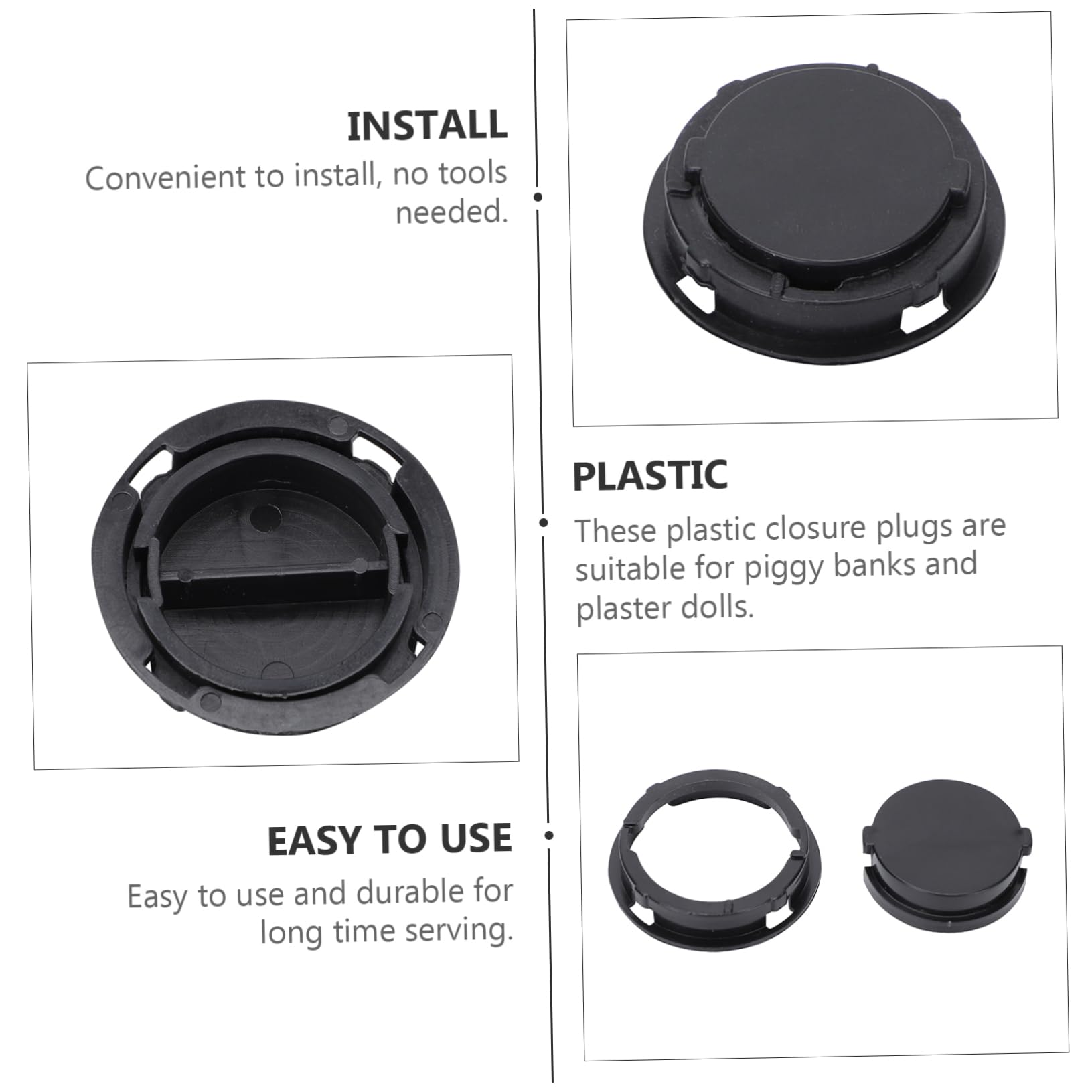 NUOBESTY 50Pcs Durable Plastic Piggy Bank Bottom Plugs Smooth Lightweight Stoppers for Dolls Reusable Savings Box Covers Black Convenient Installation and Cleaning