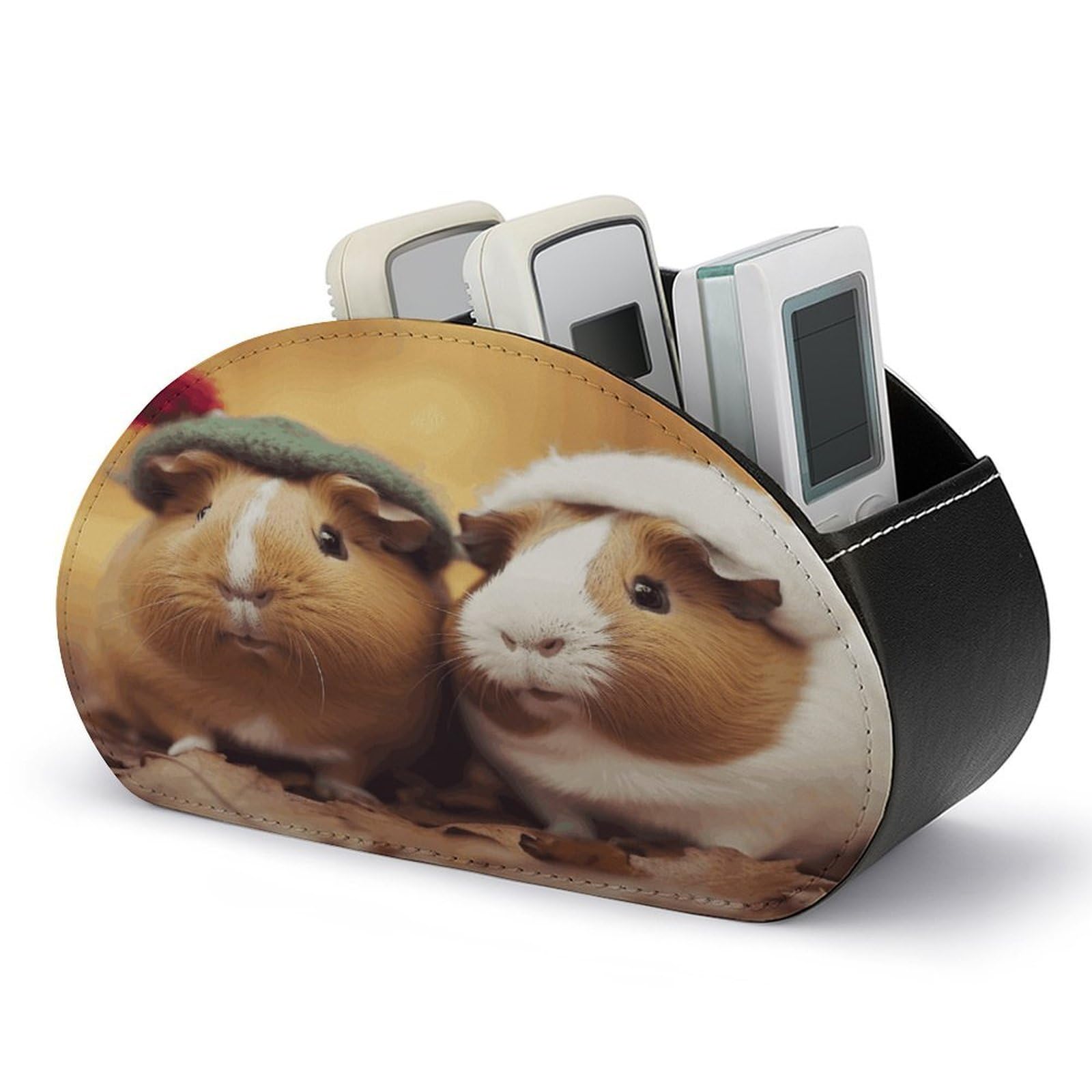 FekiLoot Cute Guinea Pigs TV Remote Control Holder with 5 Compartments Multi-functional Leather Bedside Table Remote Caddy Desktop Storage Box for Store Pen Controller Media Player Cosmetic