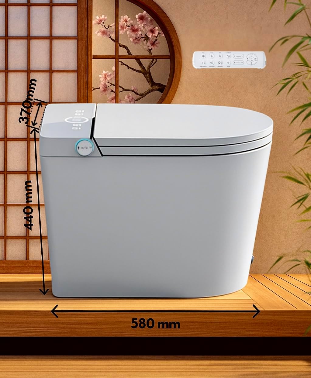 Diagram showing the dimensions of the Nashi Ovian SE toilet: 580mm length, 440mm height to seat, 370mm height to top of lid.