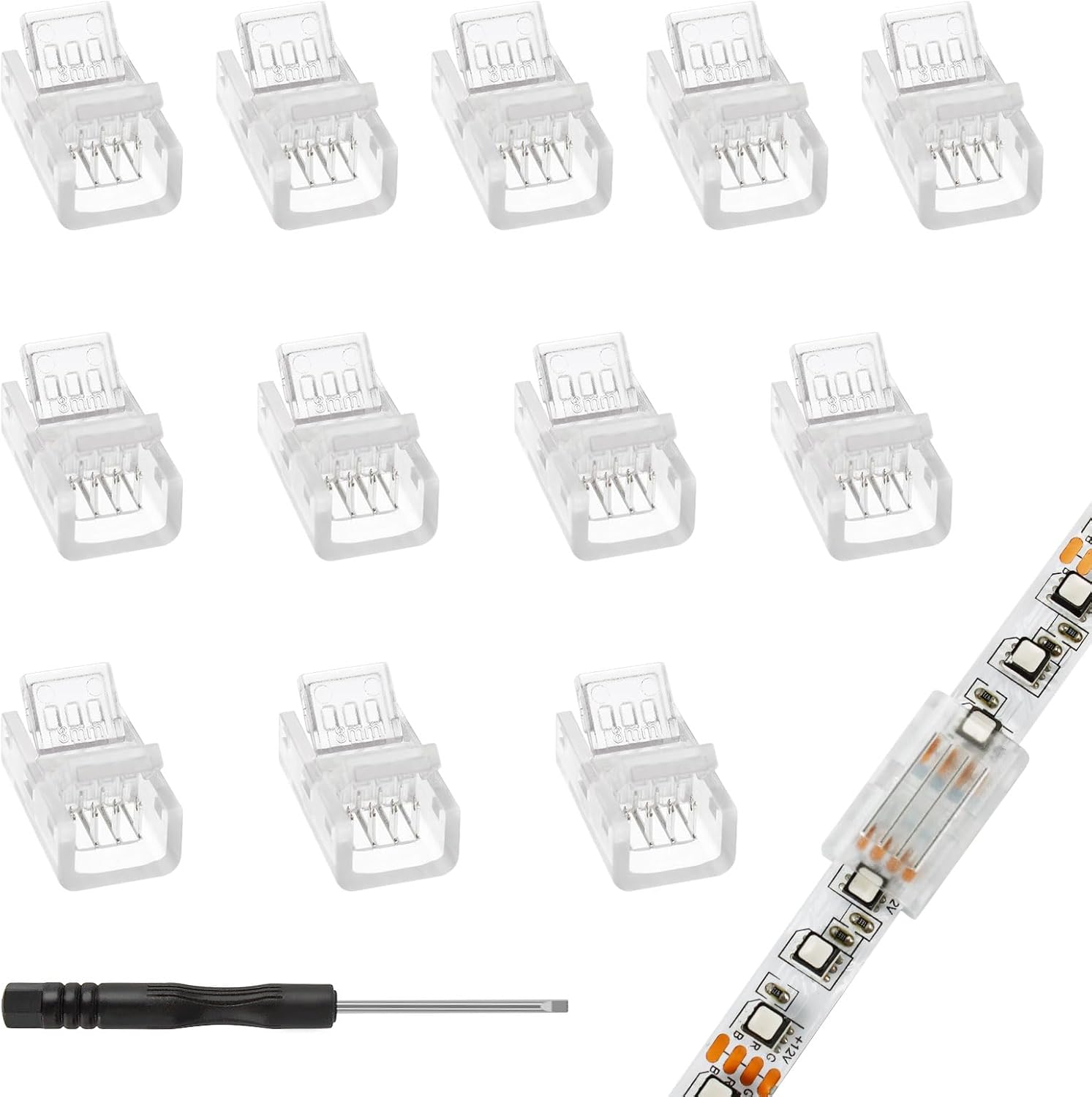 VIPMOON 12 Pcs 3Pin 8mm Solderless LED Light Strip Connectors, Strip to Strip Quick Connector for 8mm Wide Waterproof and Non-Waterproof WS2811 WS2812B LED Strip Lights